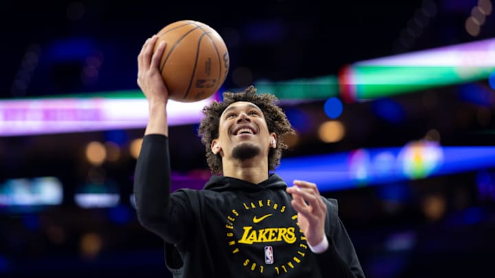 Jan 28, 2025; Philadelphia, Pennsylvania, USA; Los Angeles Lakers center Jaxson Hayes before action against the Philadelphia 76ers at Wells Fargo Center. Mandatory Credit: Bill Streicher-Imagn Images