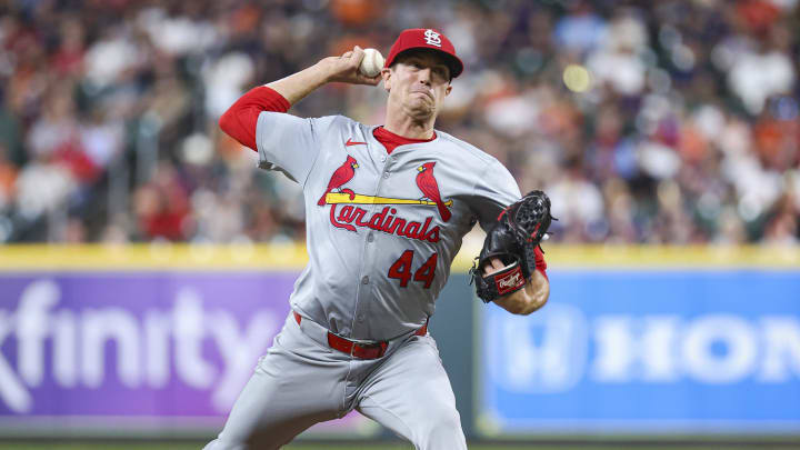 Jun 3, 2024; Houston, Texas, USA; St. Louis Cardinals starting pitcher Kyle Gibson (44) delivers a pitch during the second inning against the Houston Astros at Minute Maid Park. Mandatory Credit: Troy Taormina-USA TODAY Sports