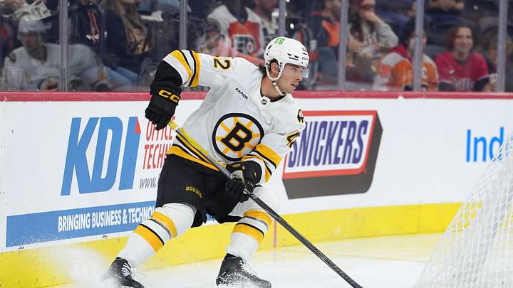 Sep 24, 2026; Philadelphia, Pennsylvania, USA; Boston Bruins defenseman Frederic Brunet (42) controls the puck against the Philadelphia Flyers in the second period at Xfinity Mobile Arena. Mandatory Credit: Kyle Ross-Imagn Images