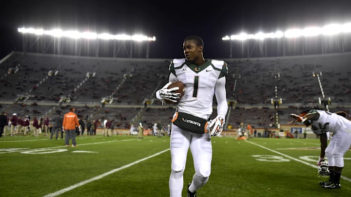 Oct 23, 2014; Blacksburg, VA, USA; Miami Hurricanes defensive back Artie Burns (1) on the field