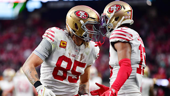 January 1, 2023; Paradise, Nevada, USA; San Francisco 49ers tight end George Kittle (85) celebrates his touchdown scored against the Las Vegas Raiders with wide receiver Jauan Jennings (15) during the first half at Allegiant Stadium. Mandatory Credit: Gary A. Vasquez-Imagn Images January 1, 2023; Paradise, Nevada, USA; San Francisco 49ers tight end George Kittle (85) celebrates his touchdown scored against the Las Vegas Raiders with wide receiver Jauan Jennings (15) during the first half at Allegiant Stadium. Mandatory Credit: Gary A. Vasquez-Imagn Images