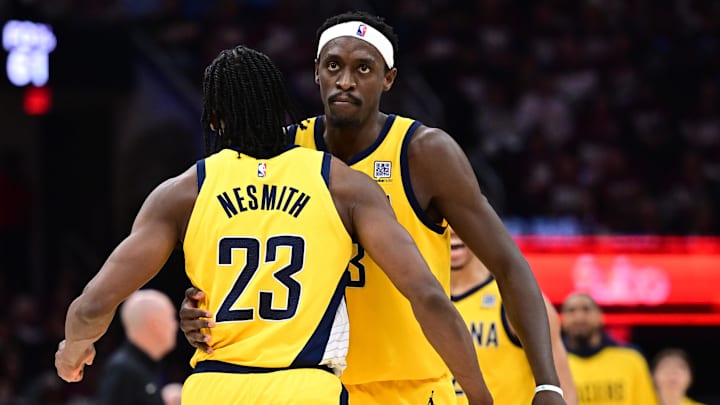May 4, 2025; Cleveland, Ohio, USA; Indiana Pacers forward Pascal Siakam (43) celebrates with forward Aaron Nesmith (23) during the second half against the Cleveland Cavaliers in game one of the second round for the 2025 NBA Playoffs at Rocket Arena. Mandatory Credit: Ken Blaze-Imagn Images