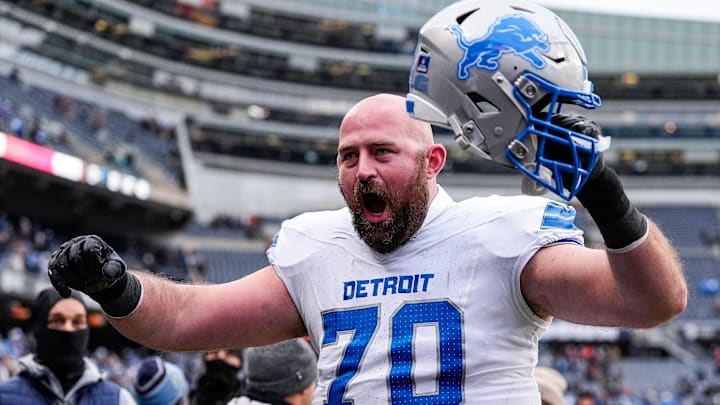 Detroit Lions offensive tackle Dan Skipper (70) celebrates 34-17 win over Chicago Bears as he exits the field at Soldier Field in Chicago, Ill. on Sunday, Dec. 22, 2024.