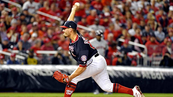 Oct 27, 2019; Washington, DC, USA; Washington Nationals relief pitcher Tanner Rainey (21) pitches during the sixth inning against the Houston Astros in Game 5 of the 2019 World Series at Nationals Park. Oct 27, 2019; Washington, DC, USA; Washington Nationals relief pitcher Tanner Rainey (21) pitches during the sixth inning against the Houston Astros in Game 5 of the 2019 World Series at Nationals Park.