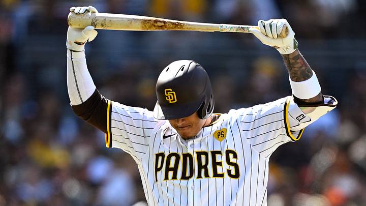 San Diego, California, USA; San Diego Padres designated hitter Manny Machado (13) reacts during the sixth inning against the San Francisco Giants at Petco Park. Mandatory Credit: Orlando Ramirez-USA TODAY Sports