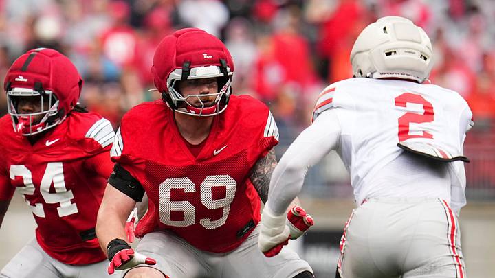Offensive lineman Ian Moore (69) blocks Defensive end Kenyatta Jackson Jr. (2) during the Ohio State football spring game at Ohio Stadium in Columbus on April 18, 2026. Offensive lineman Ian Moore (69) blocks Defensive end Kenyatta Jackson Jr. (2) during the Ohio State football spring game at Ohio Stadium in Columbus on April 18, 2026.