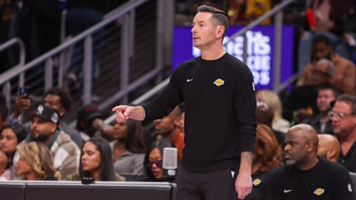 Dec 6, 2024; Atlanta, Georgia, USA; Los Angeles Lakers head coach JJ Redick on the sideline against the Atlanta Hawks in the second quarter at State Farm Arena. Mandatory Credit: Brett Davis-Imagn Images
