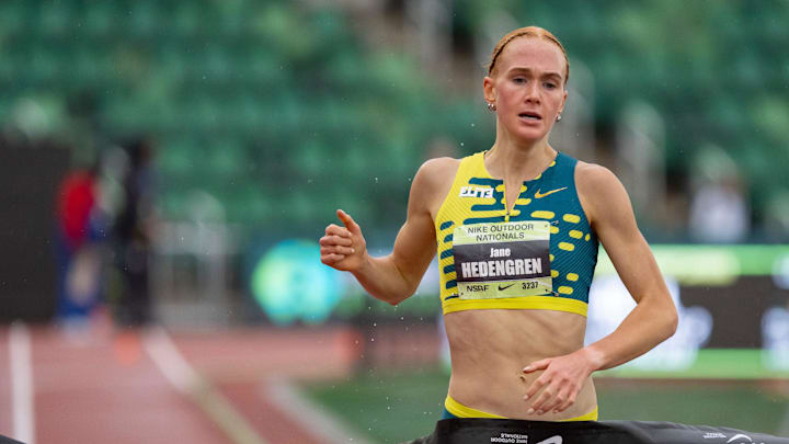 Nike Elite’s Jane Hedengren wins the girls 3,000 meters on the third day of the Nike Outdoor Nationals on June 21, 2025, at Hayward Field in Eugene.