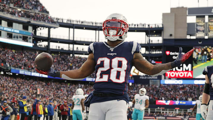 Dec 29, 2019; Foxborough, Massachusetts, USA; New England Patriots running back James White (28) celebrates a touchdown against the Miami Dolphins during the second half at Gillette Stadium. Mandatory Credit: Winslow Townson-Imagn Images