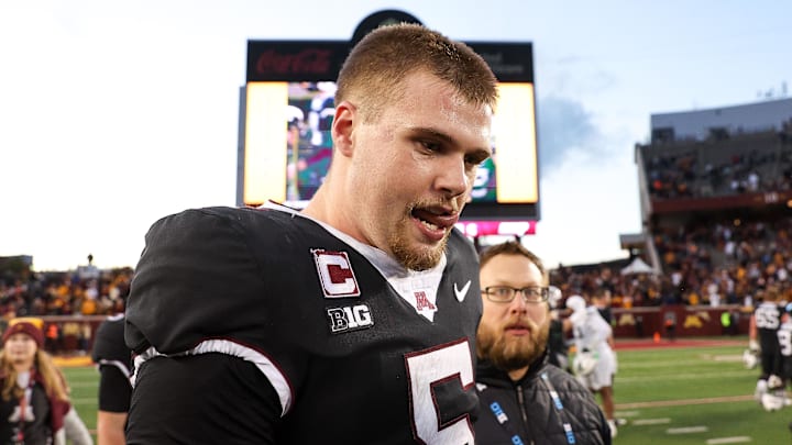 Nov 1, 2025; Minneapolis, Minnesota, USA; Minnesota Golden Gophers quarterback Drake Lindsey (5) celebrates his teams overtime win against the Michigan State Spartans at Huntington Bank Stadium. Mandatory Credit: Matt Krohn-Imagn Images Nov 1, 2025; Minneapolis, Minnesota, USA; Minnesota Golden Gophers quarterback Drake Lindsey (5) celebrates his teams overtime win against the Michigan State Spartans at Huntington Bank Stadium. Mandatory Credit: Matt Krohn-Imagn Images