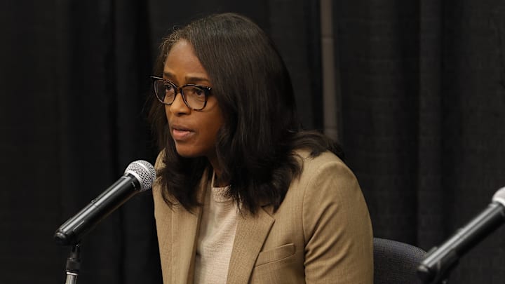 Nov 15, 2022; Charlottesville, Virginia, US; Virginia Cavaliers athletic director Carla Williams speaks with the media during a press conference regarding the deaths of three Cavaliers football players from a shooting on the university grounds late Sunday night in Charlottesville. Mandatory Credit: Geoff Burke-USA TODAY NETWORK