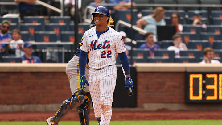 Jul 2, 2025; New York City, New York, USA; New York Mets right fielder Juan Soto (22) reacts after striking out during the ninth inning against the Milwaukee Brewers at Citi Field. Mandatory Credit: Vincent Carchietta-Imagn Images