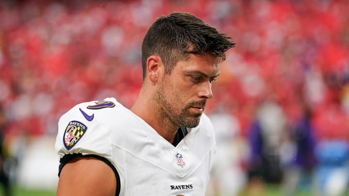 Sep 5, 2024; Kansas City, Missouri, USA; Baltimore Ravens kicker Justin Tucker (9) warms up against the Kansas City Chiefs prior to a game at GEHA Field at Arrowhead Stadium. Mandatory Credit: Denny Medley-Imagn Images
