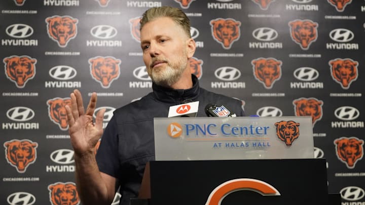 May 10, 2024; Lake Forest, IL, USA; Chicago Bears head coach Matt Eberflus during a press conference before Chicago Bears rookie minicamp at Halas Hall. Mandatory Credit: David Banks-USA TODAY Sports