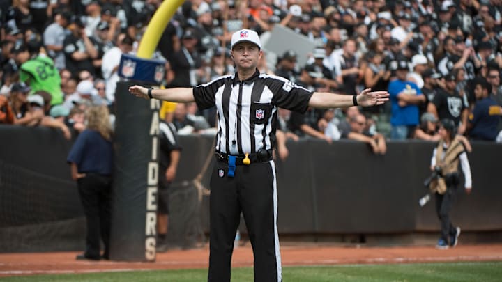 September 13, 2015; Oakland, CA, USA; NFL referee Brad Allen (122) during the first quarter between the Oakland Raiders and the Cincinnati Bengals at O.co Coliseum. The Bengals defeated the Raiders 33-13. Mandatory Credit: Kyle Terada-Imagn Images September 13, 2015; Oakland, CA, USA; NFL referee Brad Allen (122) during the first quarter between the Oakland Raiders and the Cincinnati Bengals at O.co Coliseum. The Bengals defeated the Raiders 33-13. Mandatory Credit: Kyle Terada-Imagn Images