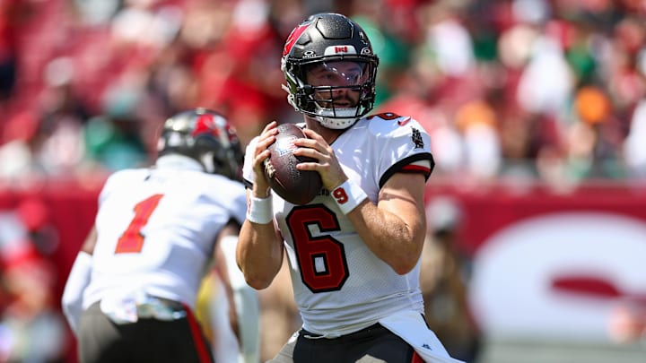 Sep 29, 2024; Tampa, Florida, USA; Tampa Bay Buccaneers quarterback Baker Mayfield (6) drops back to pass against the Philadelphia Eagles in the first quarter at Raymond James Stadium. Mandatory Credit: Nathan Ray Seebeck-Imagn Images