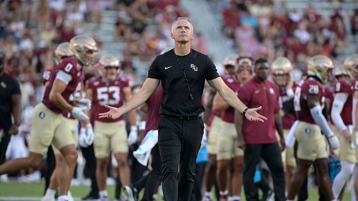 Sep 7, 2026; Tallahassee, Florida, USA;  Florida State Seminoles head coach Mike Norvell enters the field before the game against the Southern Methodist Mustangs at Doak S. Campbell Stadium.  Mandatory Credit: Melina Myers-Imagn Images