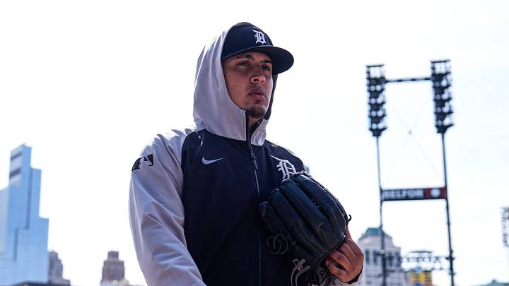 Detroit Tigers pitcher Keider Montero (54) walks towards the dugout after warmup against Atlanta Braves at Comerica Park in Detroit.