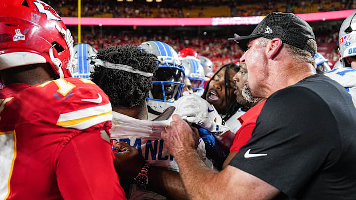 Detroit Lions head coach Dan Campbell tries pull safety Brian Branch out from the scuffle after 30-17 loss to Kansas City Chiefs at Arrowhead Stadium in Kansas City, Missouri on Sunday, Oct. 12, 2025.