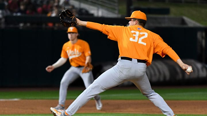 Mar 16, 2024; Tuscaloosa, Alabama, USA; Tennessee pitcher Drew Beam makes a pitch against Alabama at