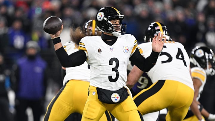 Jan 11, 2025; Baltimore, Maryland, USA; Pittsburgh Steelers quarterback Russell Wilson (3) passes in the second quarter against the Baltimore Ravens in an AFC wild card game at M&T Bank Stadium.  