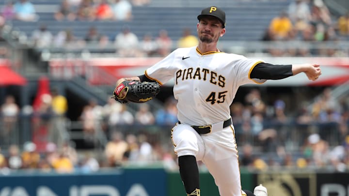 Jul 20, 2025; Pittsburgh, Pennsylvania, USA;  Pittsburgh Pirates starting pitcher Andrew Heaney (45) delivers a pitch against the Chicago White Sox during the first inning at PNC Park. Mandatory Credit: Charles LeClaire-Imagn Images