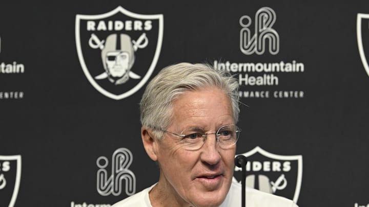 Apr 25, 2025; Henderson, NV, USA; Las Vegas Raiders head coach Pete Carroll at a news conference introducing Ashton Jeanty as the first round draft pick in the 2025 NFL Draft at Intermountain Health Performance Center. Mandatory Credit: Candice Ward-Imagn Images Apr 25, 2025; Henderson, NV, USA; Las Vegas Raiders head coach Pete Carroll at a news conference introducing Ashton Jeanty as the first round draft pick in the 2025 NFL Draft at Intermountain Health Performance Center. Mandatory Credit: Candice Ward-Imagn Images