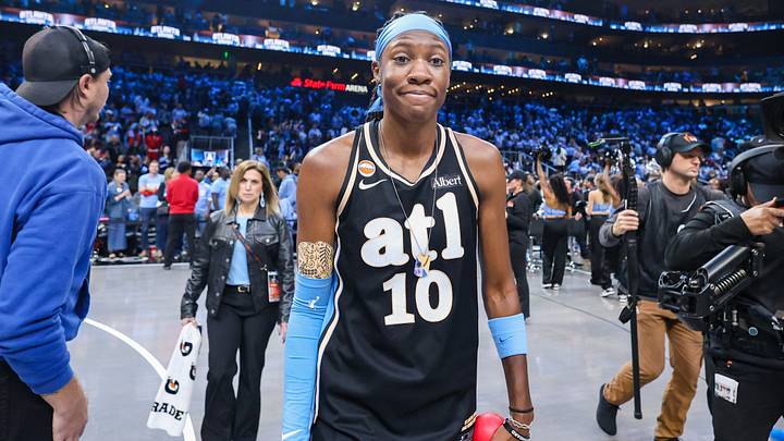 Oct 21, 2026; Atlanta, Georgia, USA; Atlanta Dream guard Rhyne Howard (10) celebrates after a victory over the Golden State Valkyries in game three of the 2026 WNBA Finals at State Farm Arena. Mandatory Credit: Brett Davis-Imagn Images