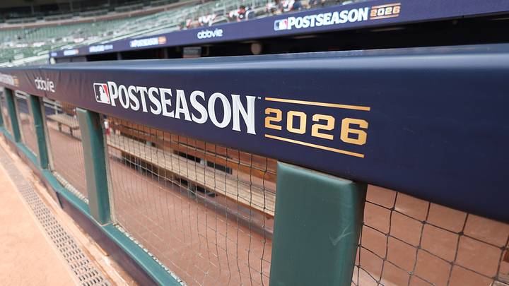 Sep 30, 2026; Cumberland, Georgia, USA; The postseason logo is seen on the dugout railing prior to game two of the Wildcard round Sep 30, 2026; Cumberland, Georgia, USA; The postseason logo is seen on the dugout railing prior to game two of the Wildcard round