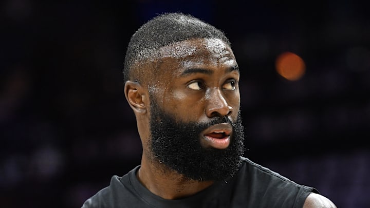 Apr 26, 2026; Philadelphia, Pennsylvania, USA; Boston Celtics guard Jaylen Brown (7) during warmups against the Philadelphia 76ers at Xfinity Mobile Arena. Mandatory Credit: Eric Hartline-Imagn Images