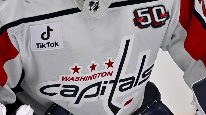 Dec 16, 2024; Dallas, Texas, USA; A view of the Capitals logo on the jersey of Washington Capitals goaltender Charlie Lindgren (79) during the game between the Dallas Stars and the Washington Capitals at American Airlines Center. Mandatory Credit: Jerome Miron-Imagn Images