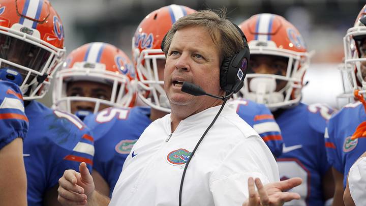Oct 28, 2017; Jacksonville, FL, USA; Florida Gators head coach Jim McElwain reacts during the first half against the Georgia Bulldogs at EverBank Field. Mandatory Credit: Kim Klement-Imagn Images Oct 28, 2017; Jacksonville, FL, USA; Florida Gators head coach Jim McElwain reacts during the first half against the Georgia Bulldogs at EverBank Field. Mandatory Credit: Kim Klement-Imagn Images