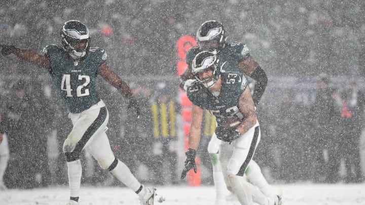 Jan 19, 2025; Philadelphia, Pennsylvania, USA; Philadelphia Eagles linebacker Zack Baun (53) celebrates his fumble recovery with linebacker Oren Burks (42) during the fourth quarter against the Los Angeles Rams in a 2025 NFC divisional round game at Lincoln Financial Field. Mandatory Credit: Eric Hartline-Imagn Images