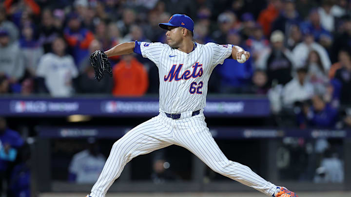 Oct 17, 2024; New York City, New York, USA; New York Mets pitcher Jose Quintana (62) throws a pitch against the Los Angeles Dodgers in the first inning during game four of the NLCS for the 2024 MLB playoffs at Citi Field. Mandatory Credit: Brad Penner-Imagn Images