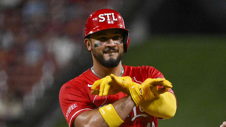 Sep 19, 2025; St. Louis, Missouri, USA;  St. Louis Cardinals designated hitter Ivan Herrera (48) reacts after hitting a single against the Milwaukee Brewers during the fifth inning at Busch Stadium. Mandatory Credit: Jeff Curry-Imagn Images