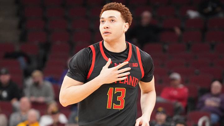 Mar 10, 2026; Chicago, IL, USA; Maryland Terrapins forward Elijah Saunders (13) gestures after making a three point basket against the Oregon Ducks during the first half at United Center. Mandatory Credit: David Banks-Imagn Images