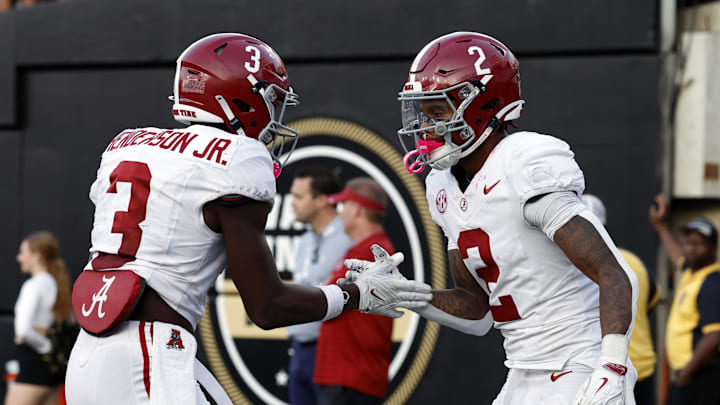 Oct 5, 2024; Nashville, Tennessee, USA;  Alabama Crimson Tide wide receiver Emmanuel Henderson Jr. (3) and wide receiver Ryan Williams (2) celebrate after a touchdown against the Vanderbilt Commodores during the second half at FirstBank Stadium. Mandatory Credit: Butch Dill-Imagn Images