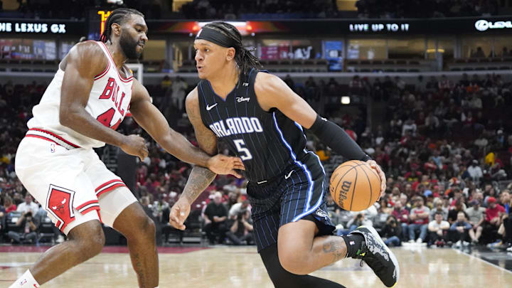 Oct 30, 2024; Chicago, Illinois, USA; Chicago Bulls forward Patrick Williams (44) defends Orlando Magic forward Paolo Banchero (5) during the second half at United Center. Mandatory Credit: David Banks-Imagn Images