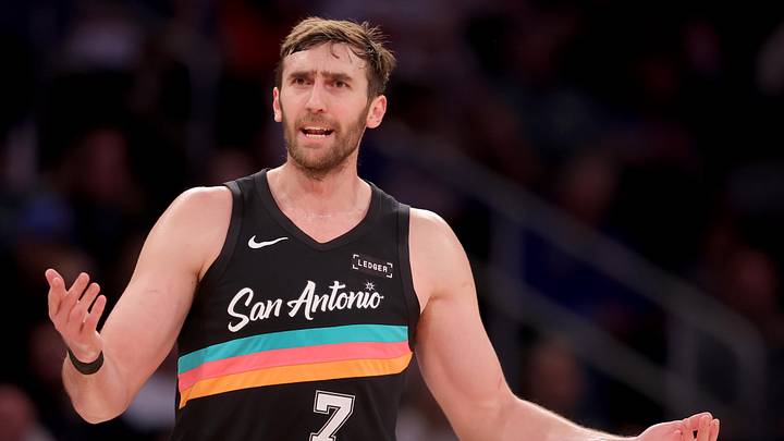 Mar 1, 2026; New York, New York, USA; San Antonio Spurs center Luke Kornet (7) reacts during the second quarter against the New York Knicks at Madison Square Garden. Mandatory Credit: Brad Penner-Imagn Images