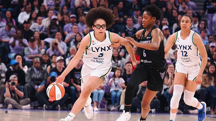 Jun 19, 2026; San Francisco, California, USA; Minnesota Lynx guard Olivia Miles (5) brings the ball down the court against Golden State Valkyries guard Kaila Charles (6) during the first quarter at Chase Center. Mandatory Credit: Kelley L Cox-Imagn Images