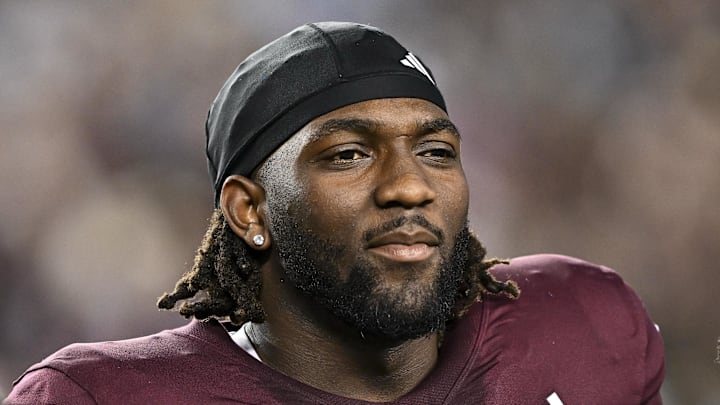 Nov 16, 2024; College Station, Texas, USA; Texas A&M Aggies defensive lineman Shemar Turner (5) looks on prior to the game against the New Mexico State Aggies at Kyle Field. Mandatory Credit: Maria Lysaker-Imagn Images 