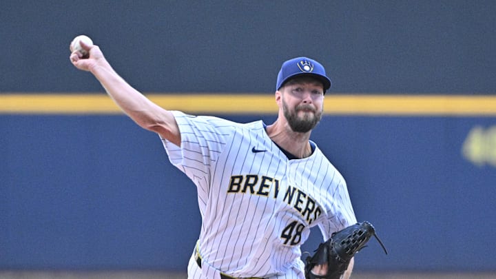 Milwaukee Brewers pitcher Colin Rea (48) delivers a pitch against the /New York Mets in the first inning at American Family Field in Sept 29. Milwaukee Brewers pitcher Colin Rea (48) delivers a pitch against the /New York Mets in the first inning at American Family Field in Sept 29.