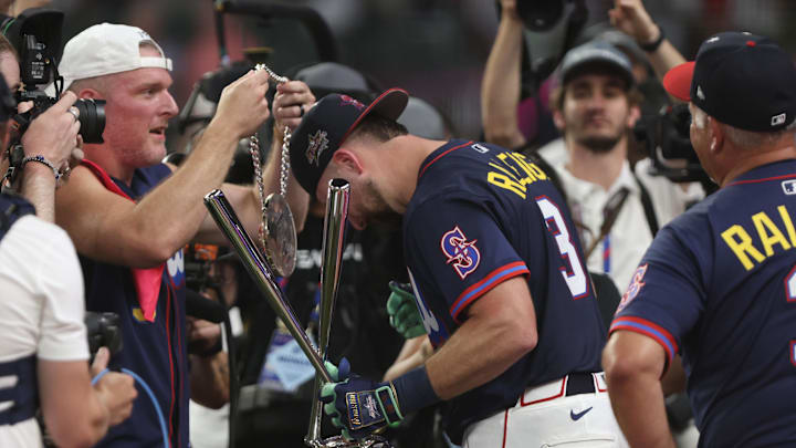 Seattle Mariners catcher Cal Raleigh (29) reacts after winning the 2025 Home Run Derby at Truist Park on July 14. 