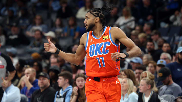 Mar 16, 2024; Memphis, Tennessee, USA; Oklahoma City Thunder guard Isaiah Joe (11) reacts after a