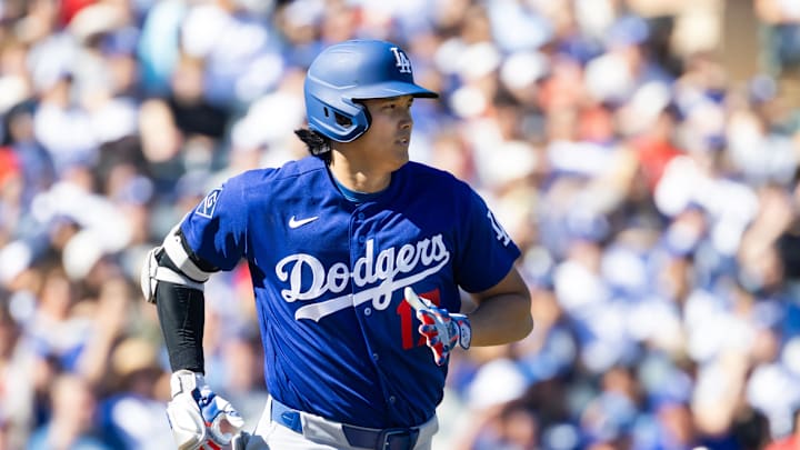 Feb 21, 2026; Tempe, Arizona, USA; Los Angeles Dodgers designated hitter Shohei Ohtani against the Los Angeles Angels during a spring training game at Tempe Diablo Stadium. Mandatory Credit: Mark J. Rebilas-Imagn Images