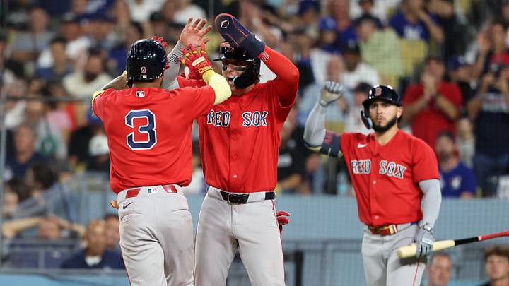 Jul 31, 2026; Los Angeles, California, USA;  Boston Red Sox center fielder Ceddanne Rafaela (3) celebrates with second baseman Nick Sogard (20) after hitting a two-run home run during the seventh inning against the Los Angeles Dodgers at Dodger Stadium. Mandatory Credit: Kiyoshi Mio-Imagn Images