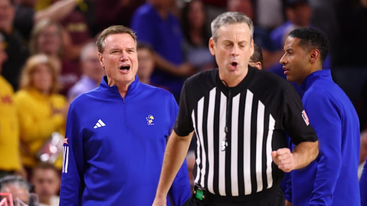 Mar 3, 2026; Tempe, Arizona, USA; Kansas Jayhawks head coach Bill Self reacts after being ejected from the game against the Arizona State Sun Devils in the first half at Desert Financial Arena. Mandatory Credit: Mark J. Rebilas-Imagn Images