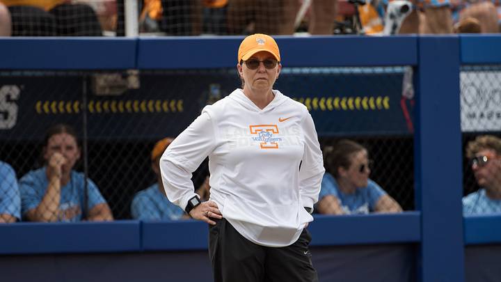 May 30, 2026; Oklahoma City, OK, USA;  Tennessee Lady Volunteers head coach Karen Weekly looks on in the third inning against the Texas Tech Red Raiders during the NCAA Women’s College World Series at Devon Park. Mandatory Credit: Brett Rojo-Imagn Images