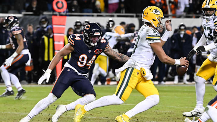 Jan 10, 2026; Chicago, IL, USA; in Chicago Bears defensive end Austin Booker (94) pressures Green Bay Packers quarterback Jordan Love (10) during an NFC Wild Card Round game at Soldier Field. Mandatory Credit: Matt Marton-Imagn Images Jan 10, 2026; Chicago, IL, USA; in Chicago Bears defensive end Austin Booker (94) pressures Green Bay Packers quarterback Jordan Love (10) during an NFC Wild Card Round game at Soldier Field. Mandatory Credit: Matt Marton-Imagn Images