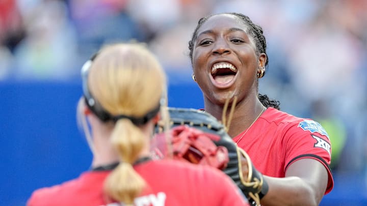 Texas Tech starting pitcher/relief pitcher NiJaree Canady (24) celebrates with teammates in the fourth inning during game 3 between Texas Tech and Ole Miss at the Women’s College World Series at Devon Park in Oklahoma City, on Thursday, May 29, 2025.
